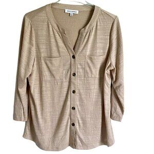 Emily Daniels Button Up Shirt 3/4 Sleeve Tan Beige Women's Medium